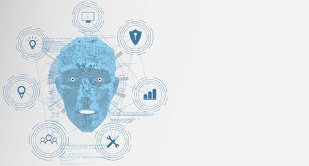 Future of Artificial Intelligence (AI), Human face with AI text made by digital circuit on blue background for web banner design.のイラスト素材