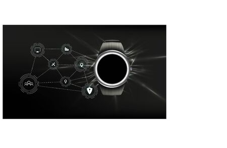 Image of smart watch, and illustration of watch capabilities, calls, location and management. Vector illustration.のイラスト素材