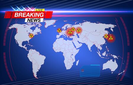 Map of the largest radiation disasters with real dates. World map of radiation accidents made in HUD style. ci-fi concept design. Callouts titles. Modern banners, frames of lower third. Red. Vector illustrationのイラスト素材