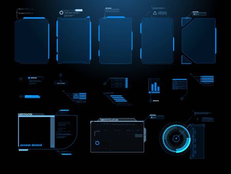 Futuristic Vector HUD Interface Screen Design. Digital callouts titles. HUD UI GUI futuristic user interface screen elements set. High tech screen for video game. Sci-fi concept design.のイラスト素材