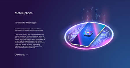 Processor the ISO banner.Quantum phone, big data processing, database concept.Digital chip.Modern cpu, great design for any purposes Futuristic microchip processor with backlight on the phone in blue.のイラスト素材