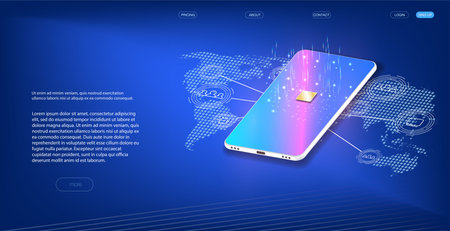 Smartphone perspective view. Template for infographics or presentation UI design interface. vector 3d isometric illustration cell phone Central Computer Processors CPU concept.Digital chipのイラスト素材