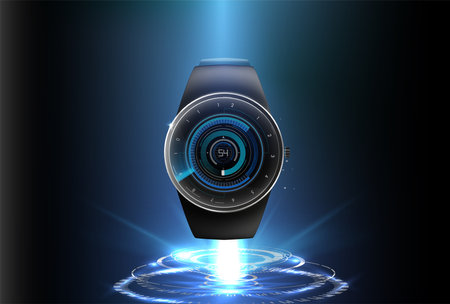 Vector realistic illustration with a futuristic style, represented by the functions Vector realistic illustration of concept smart watch, technology functions and template text.のイラスト素材