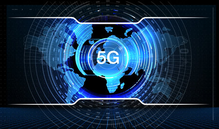 Abstract futuristic background of blue glowing technology sci fi frame hud ui 5G technology background. Digital data as digits connected each other and form symbol 5G on blue background.のイラスト素材
