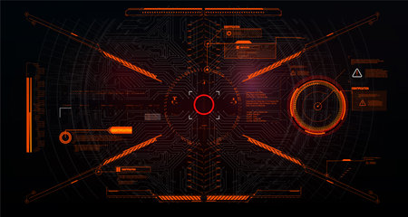 Futuristic VR Head-up Display Design. Sci-Fi Helmet HUD. Future Technology. Futuristic frame for target screen and border aim control panel HUD, GUI, UX interface screen design. Virtual reality.のイラスト素材