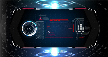 Futuristic circle vector HUD, GUI, UI interface screen design. Abstract style on blue background. Abstract vector background. Abstract technology communication design innovation concept background.のイラスト素材