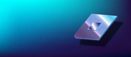 Futuristic microchip processor with lights on the blue background. Quantum computer, large data...
