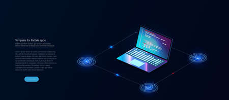 Digital currency or cryptocurrency mining farm. Creation of bitcoins. Crypto mining, blockchain concept. Crypto currency market landing page. Hologram of a Bitcoin coin on a blue futuristic backgroundのイラスト素材