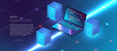 Cloud services isometric composition. Big data analysis storage business intelligence systems modern high tech isometric background connected with dashed lines. Station of future, server room rack.のイラスト素材