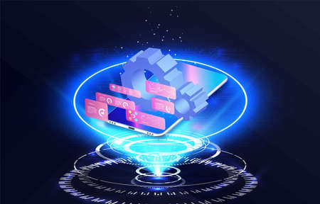 Dashboard Application on laptop with business analytics data, charts. Software development for different devices.のイラスト素材