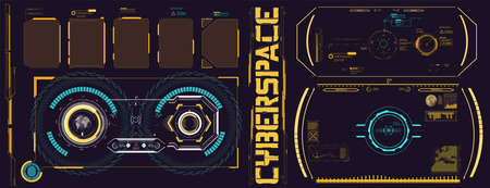 Digital design elements hud style. Trendy 2022 shapes in cyberpunk style. Bar labels, info box bars. Futuristic info boxes layout templates Cyberpunk retro futuristic poster set abstract cosmic shapes.のイラスト素材