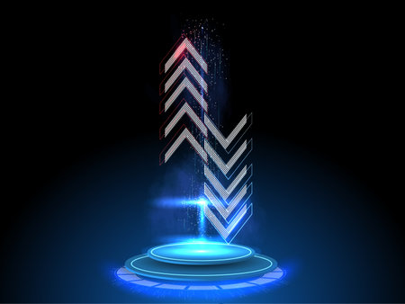 Transfer, receiving or exchanging data, Sending or receiving digital money. A hologram or projection of neon arrows pointing in opposite directions on blueのイラスト素材