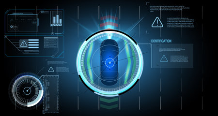 Car interface in HUD, GUI, UI style. Automotive sensing system concept. Autonomous car. Driver assistant system. Car top view with electronic digital interface, parameters and options, scans the roadのイラスト素材