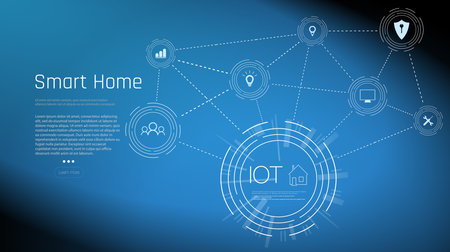 Banner of Smart Home technology. The building consists of numbers and is connected by icons of household smart devices. Intelligent home management system.のイラスト素材