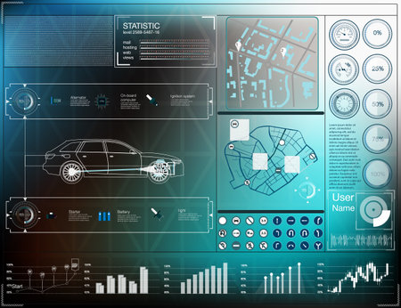 Futuristic car service, scanning and auto data analysis. Car auto service, Modern design, diagnostic auto. Virtual graphical interface HUDのイラスト素材