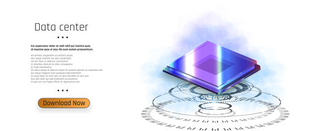 Futuristic microchip processor with lights on the blue background. Quantum computer, computer processor with digital chip and electronic components on motherboard or printed circuit board.のイラスト素材