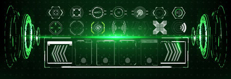 Game futuristic digital display, hud tech future frame. Information box bars, modern digital frame layout template Set of modern frames, callouts for user menu interface elements in futuristic style.のイラスト素材