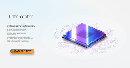 Futuristic microchip processor with lights on the blue background. Quantum computer, computer...