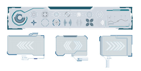 Set of modern frames, callouts for user menu interface elements in futuristic style. Game futuristic digital display, hud tech future frame. Information box bars, modern digital frame layout templateのイラスト素材