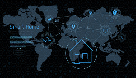 Smart home concept with world map and icons. Vector Illustration.のイラスト素材