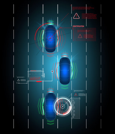 Driving control system without driver assistance. Safe driving. Vector Futuristic car user interface. HUD UI. Hologram of the car, scanning. Abstract virtual graphic touch user interface.のイラスト素材