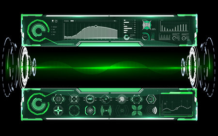 Futuristic Vector HUD Interface Screen Design. Digital callouts titles. HUD UI GUI futuristic user interface screen elements set. High tech screen for video game. Sci-fi concept design.のイラスト素材