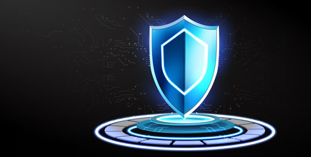 Embrace the Future: 3D Vector Illustration of a Futuristic Blue Shield on a Digital Platformのイラスト素材