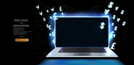 Futuristic Financial Technology Concept: Laptop with Data Center and Currency Symbols on a Dark Backgroundのイラスト素材