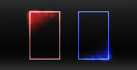 Vector illustration of blue and red neon light doors with a smoke effect on a black grid-patterned background.のイラスト素材