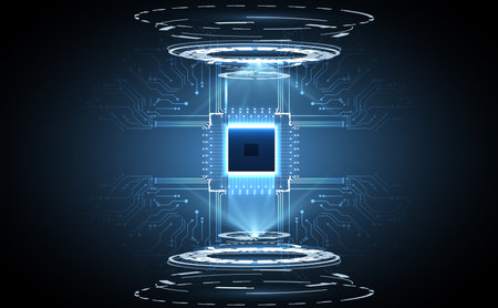 This stock vector image showcases a futuristic technology concept. It features a glowing blue circuit board with a microchip at the center, symbolizing advanced computing and artificial intelligence.のイラスト素材