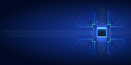 Futuristic blue circuit board with a central microchip, ideal for technology and science-related...