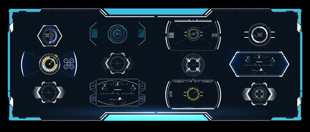 Callouts titles, loading bars, arrows, holograms VR, icons, bar labels and lines. HUD collection for UI, UX, GUI design. Vector Blue HUD and Sci-fi UI collection elements - Futuristic circle, Framesのイラスト素材