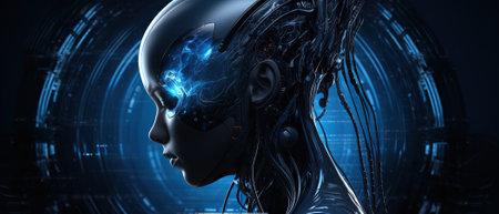 Artificial intelligence in humanoid robot head with neural network brain with circuit board. AI digital vector concept is learning processing big data, analysis information. Human face of cyber mind.の素材