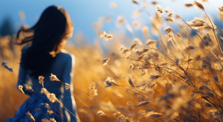 background of ripening ears of yellow wheat field at sunset cloudy orange sky background. Copy space of setting sun rays on the horizon on a rural meadow. Close-up photo of nature The idea of a rich harvestの素材