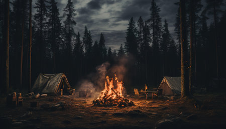Fire burns at night in a forest clearingの素材