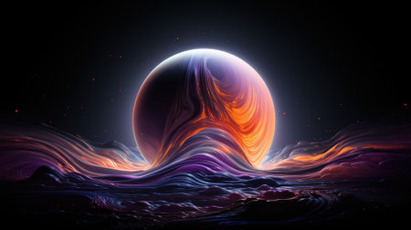 Futuristic fantasy landscape, sci-fi landscape with planet, neon light, cold planet. Galaxy, unknown planet. Dark natural scene with light reflection in water.の素材