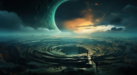 An astronaut on an alien planet in front of the light of the space-time portal. exploration of the science fiction universe.の素材