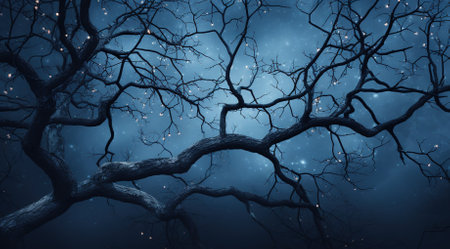 Silhouettes of tree branches against the sky. Sunrise nature. Silhouettes of trees against the background of the sunrise. silhouettes of trees in the morning mood. bare branches silhouettesの素材