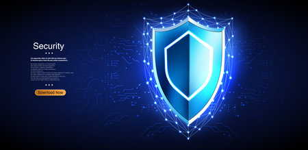 Glowing blue shield symbolizing digital security, surrounded by intricate circuit lines on a dark background.のイラスト素材