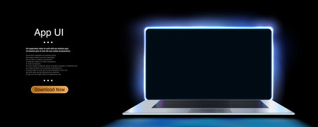 Futuristic Laptop with Glowing Blue Edges Displaying Blank Screen, Ideal for App UI Presentation, on a Dark Background - Perfect for Digital Designers and Developersのイラスト素材