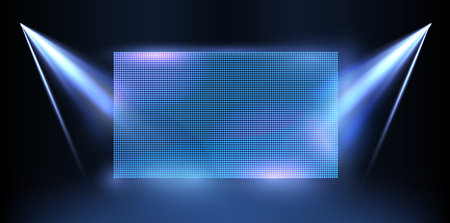 Stock vector image of a blue LED concave wall video screen glowing in the dark, surrounded by spotlightsのイラスト素材