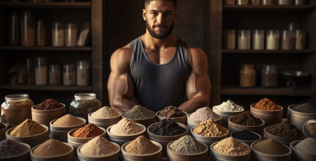 Healthy food for muscle mass gain and weight loss concept. Athletic young man stands near the table with healthy wholesome products in the kitchenの素材