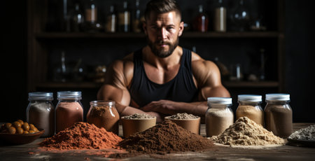 Healthy food for muscle mass gain and weight loss concept. Athletic young man stands near the table with healthy wholesome products in the kitchenの素材
