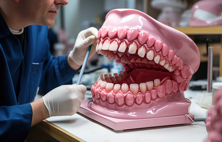dentures. Full denture, front view. Conceptual photo of dentistry. Orthopedic dentistry. Artificial teethの素材