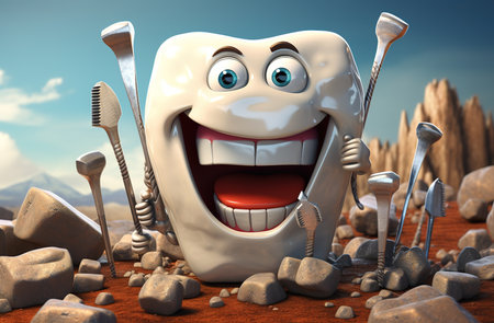 happy tooth. Cartoon dental character. Cute dentist mascot. Oral health and dental checkup. medical dentist tool.の素材