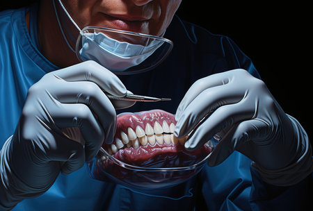 dentures. Full denture, front view. Conceptual photo of dentistry. Orthopedic dentistry. Artificial teethの素材