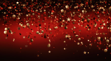 christmas background with christmas decorations, star, snowflake, gold and black confettiの素材