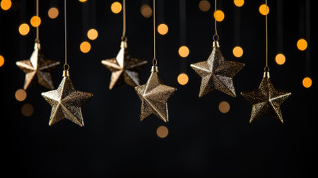 christmas background with christmas decorations, star, snowflake, gold and black confettiの素材