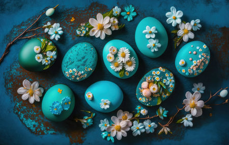 Easter eggs, feathers in a nest on a blue wooden background. Minimal conceptの素材