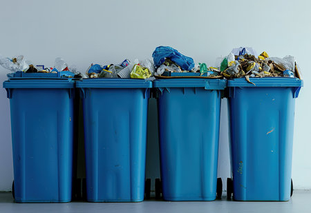 Overflowing trash cans filled with plastic waste are a prime example of environmental problemsの素材